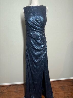 Adrianna Papell Navy Sequin Ruched Sleeveless Gown with Side Slit